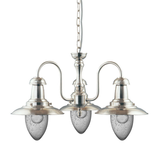 Searchlight Fisherman II 3Lt Hanglamp Satin Zilver & Helder Seeded Glas