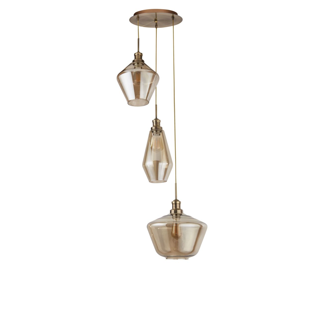 Searchlight Mia 3Lt Multi Drop Hanglamp Antique Messing Metaal,Amber Glas