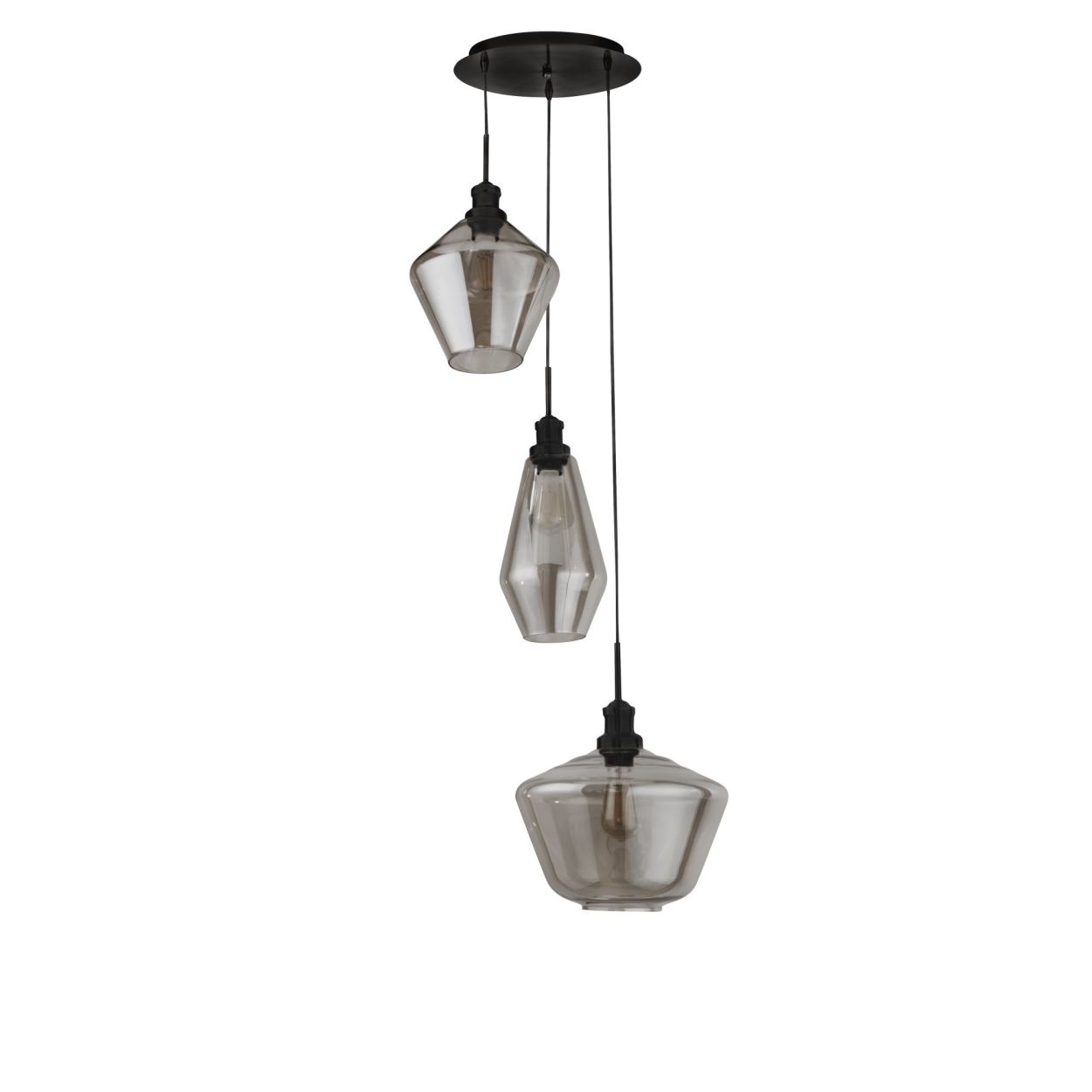 Searchlight Mia 3Lt Multi Drop Hanglamp Zwart Metaal & Smoked Glas