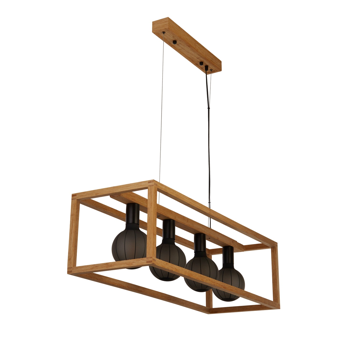 Searchlight Square  4Lt Pendant  - Natural Wood & Black Metal
