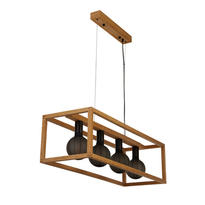 Searchlight Square  4Lt Pendant  - Natural Wood & Black Metal
