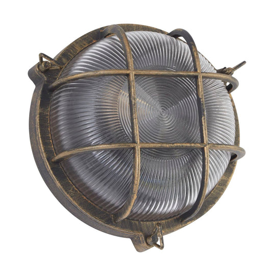 Searchlight Bulkhead Rond Buiten Light Zwart Goud Metaal & Helder Glas