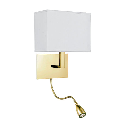 Searchlight Hotel Wandlamp Satin Messing Metaal & Wit Stof Lampenkap