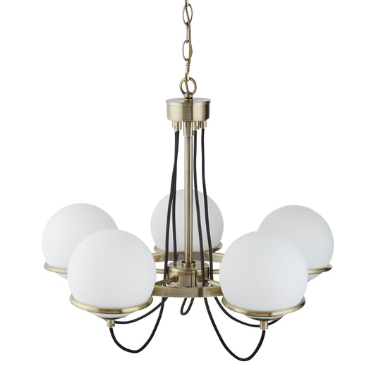 Searchlight Sphere 5Lt Pendant - Antique Brass Metal & Opal Glass