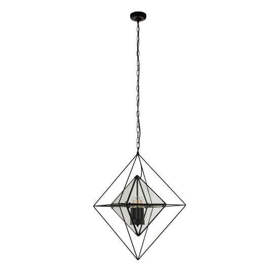 Searchlight Diamond 3Lt Hanglamp Zwart Metaal & Helder Glas