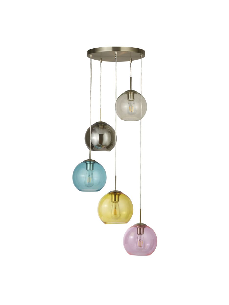 Searchlight Mardi Gras 5Lt Hanglamp Satin Zilver Metaal & Coloured Glas