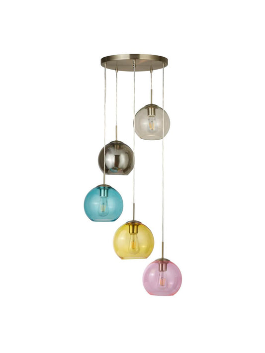 Searchlight Mardi Gras 5Lt Hanglamp Satin Zilver Metaal & Coloured Glas