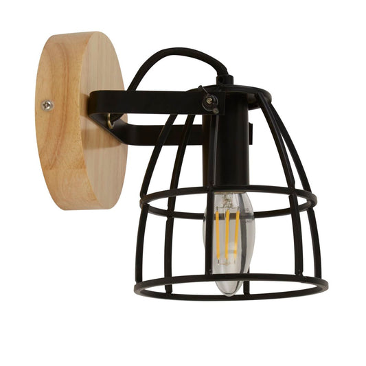 Searchlight Vision Rond Wandlamp Mat Zwart Metaal & Hout