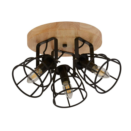 Searchlight Vision 3Lt Rond Plafondlamp Mat Zwart Metaal & Hout