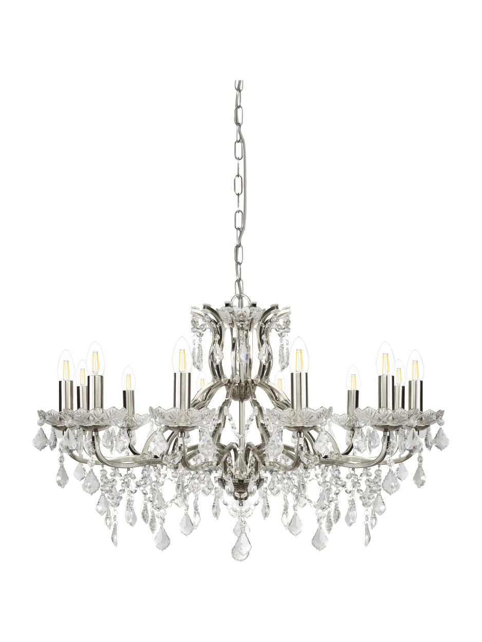 Searchlight Paris 12Lt Kroonluchter Satin Zilver & Helder Kristal Drops