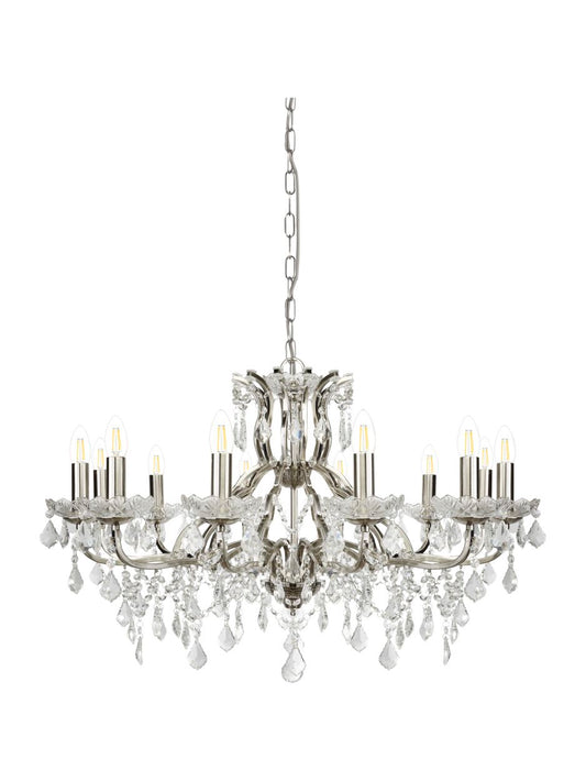 Searchlight Paris 12Lt Kroonluchter Satin Zilver & Helder Kristal Drops
