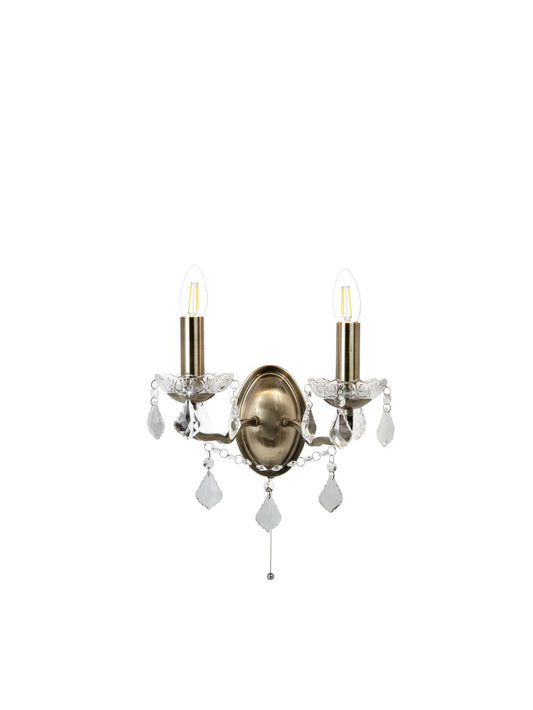 Searchlight Paris 2Lt Wandlamp Antique Messing Metaal & Helder Kristal
