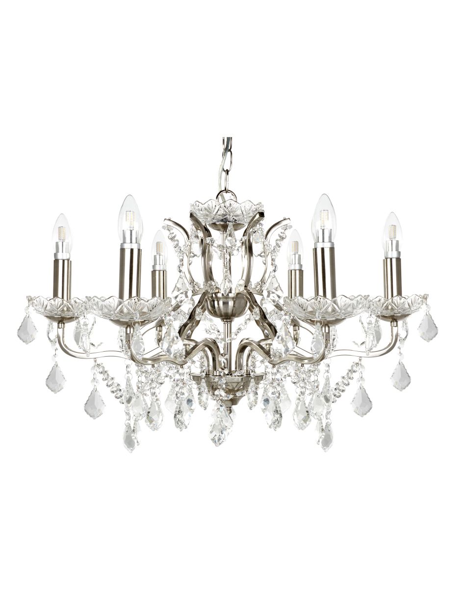 Searchlight Paris 6Lt Kroonluchter Satin Zilver Metaal & Helder Kristal