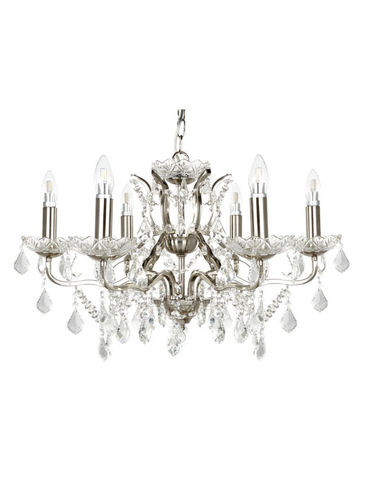 Searchlight Paris 6Lt Kroonluchter Satin Zilver Metaal & Helder Kristal