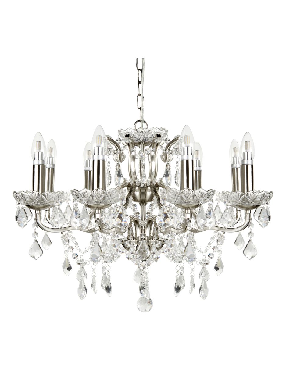 Searchlight Paris 8Lt Kroonluchter Satin Zilver Metaal & Helder Kristal