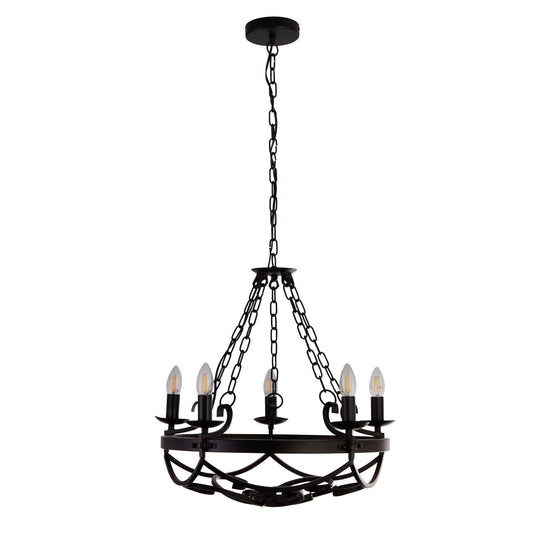 Searchlight Cartwheel III 5Lt Hanglamp Zwart Wrought IJzer