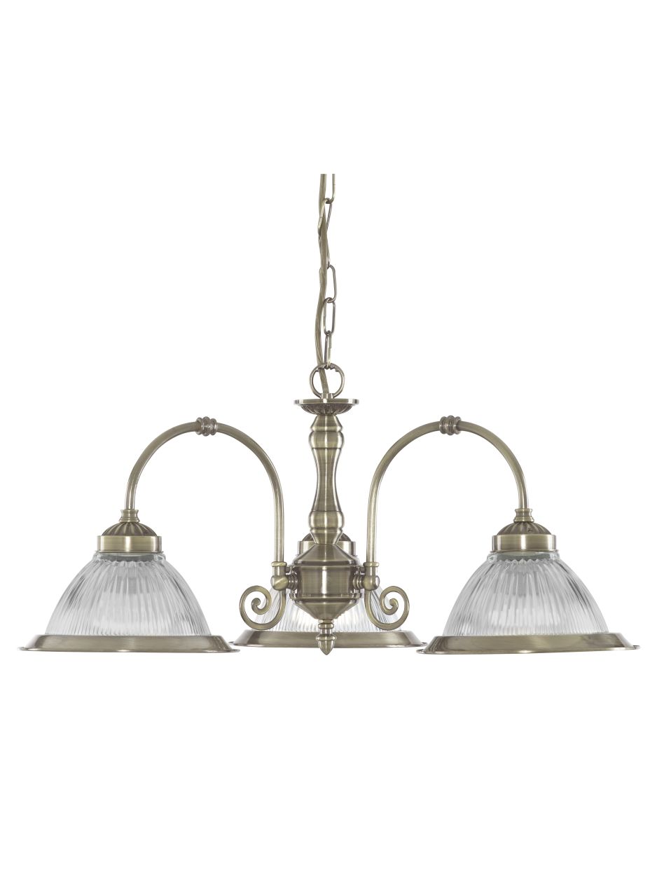 Searchlight American Diner 3Lt Hanglamp Antique Messing & Ribbed Glas