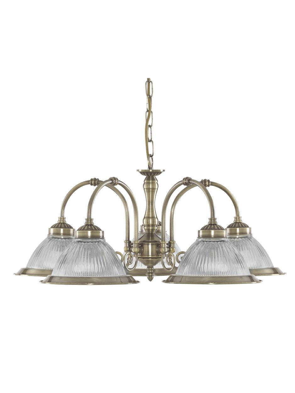 Searchlight American Diner 5Lt Hanglamp Antique Messing & Ribbed Glas