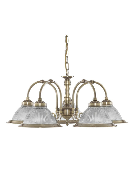 Searchlight American Diner 5Lt Hanglamp Antique Messing & Ribbed Glas