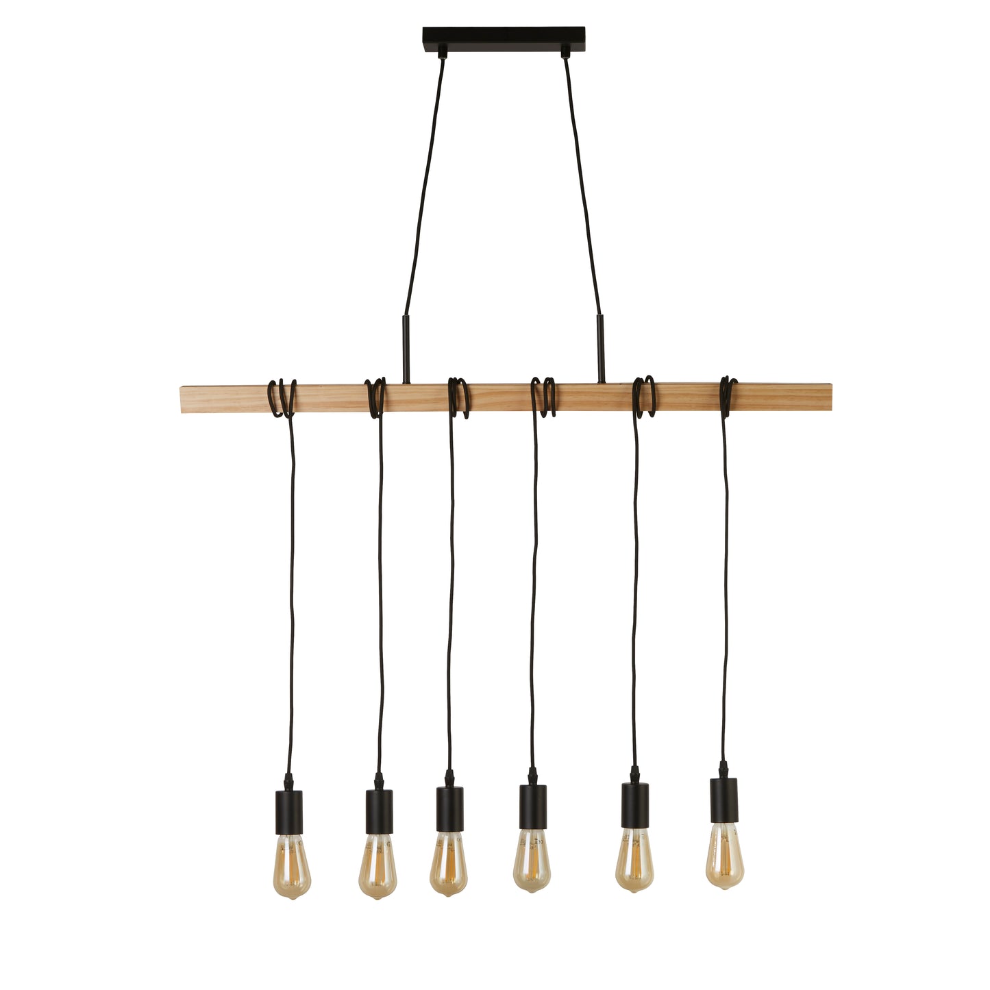 Searchlight Woody  6Lt Bar Pendant - Natural Wood & Black Metal