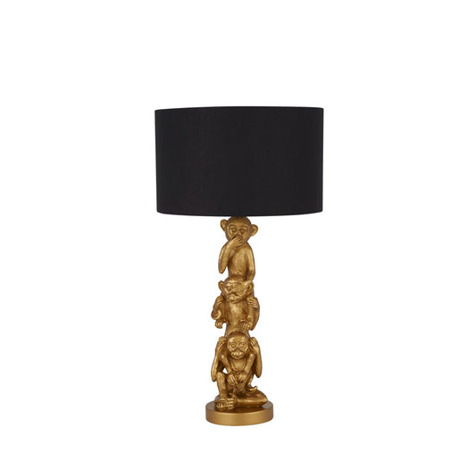 Searchlight 3 Wise Monkeys Tafellamp Goud Hars & Zwart Stof Lampenkap