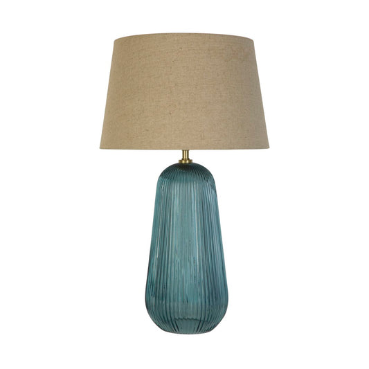 Searchlight Cameo 1Lt Tafellamp, Blauw Glas with Naturel Linnen Lampenkap
