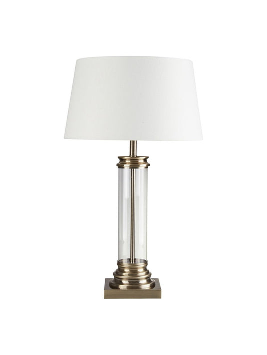 Searchlight Pedestal Tafellamp Antique Messing, Glas & Crème Stof
