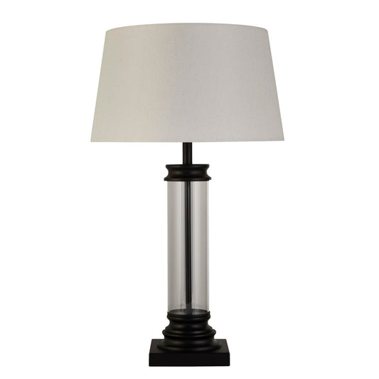 Searchlight Pedestal Tafellamp Zwart Metaal, Glas & Wit Stof Lampenkap