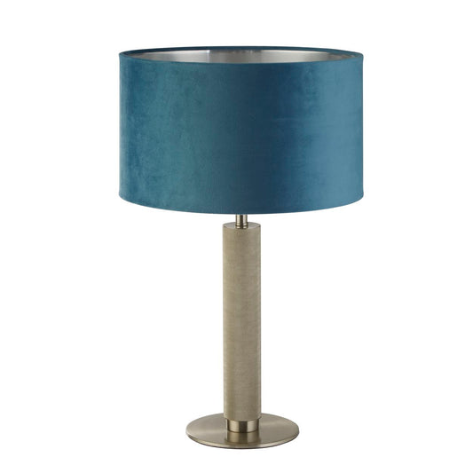 Searchlight London Tafellamp Knurled Satin Zilver & Teal Velours Lampenkap