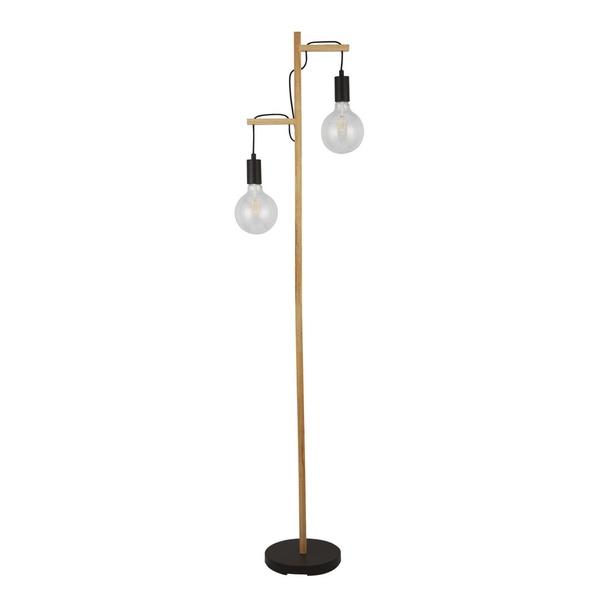 Searchlight Woody 2Lt Vloerlamp Naturel Hout & Zwart Metaal