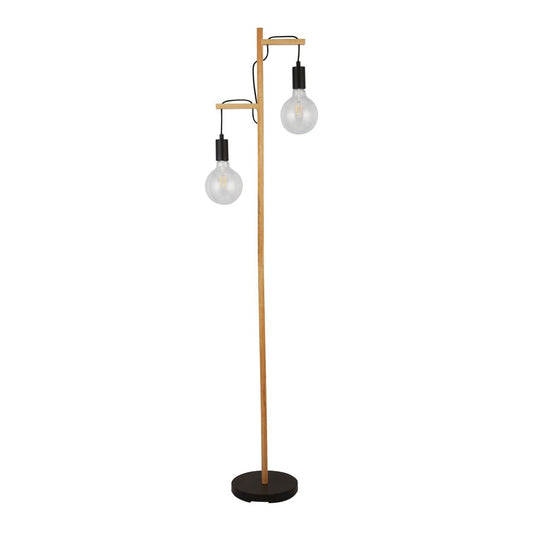 Searchlight Woody 2Lt Vloerlamp Naturel Hout & Zwart Metaal